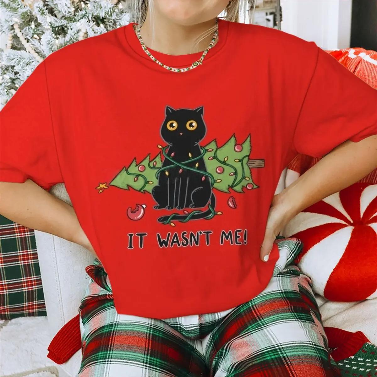 Cute animals  Christmas lights  tree print pattern  ladies funny black cat cartoon  ladies short sleeved tshirt S