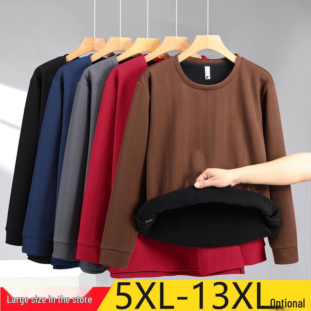 Men's Long-Sleeve Fleece-Lined Hoodie T-Shirt - Solid Color, Round Neck, Plus Size for Spring & Autumn