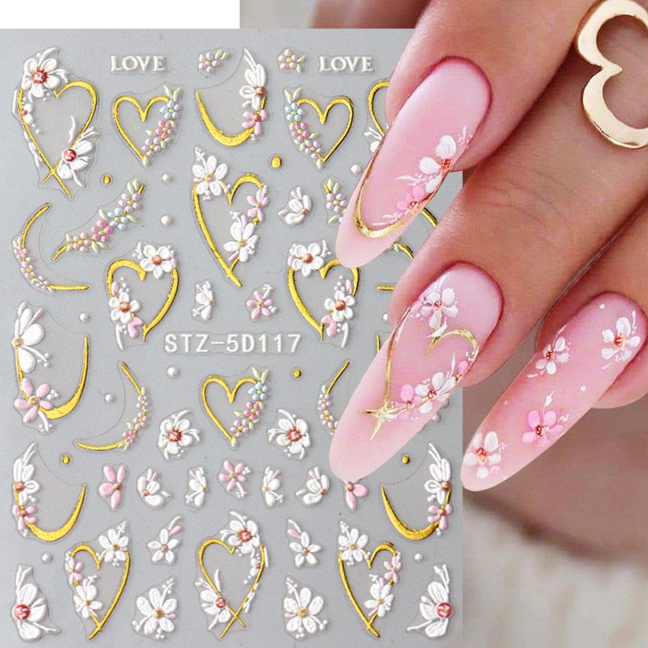 5D Embossed Kawaii Floral Gold Line Sliders Spring White Flowers Nail Stickers DIY Petals Wedding Nails Decals Accesories