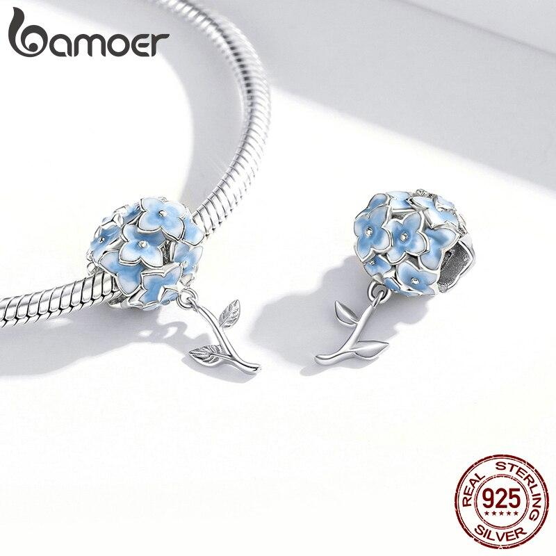 Bamoer 3D Blue Color Flower 925 Sterling Silver Hydrangeas Pendant Charms Fit Original Bracelet Jewelry