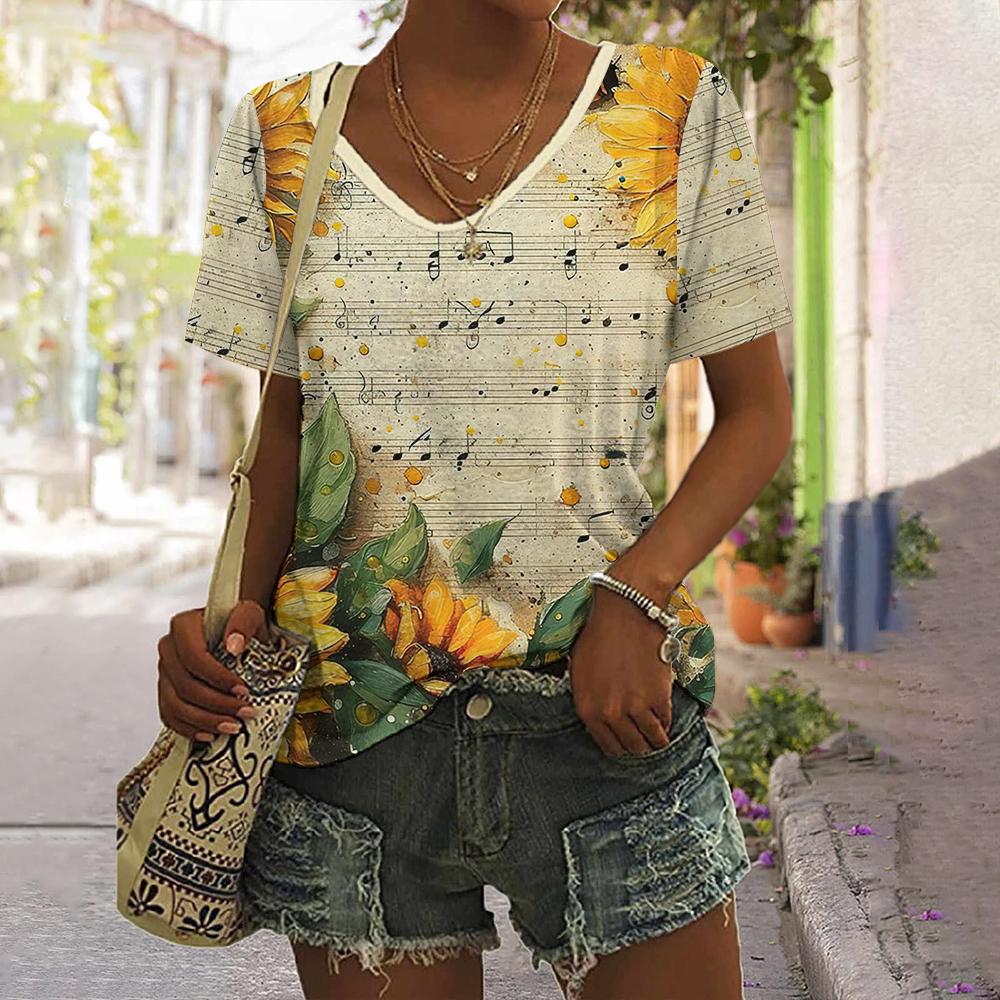 Daily Fashion V-neck Short Sleeve Tops Sunflower Patterns Printed Plus Size Loose Women's Clothing Outdoor T-Shirt