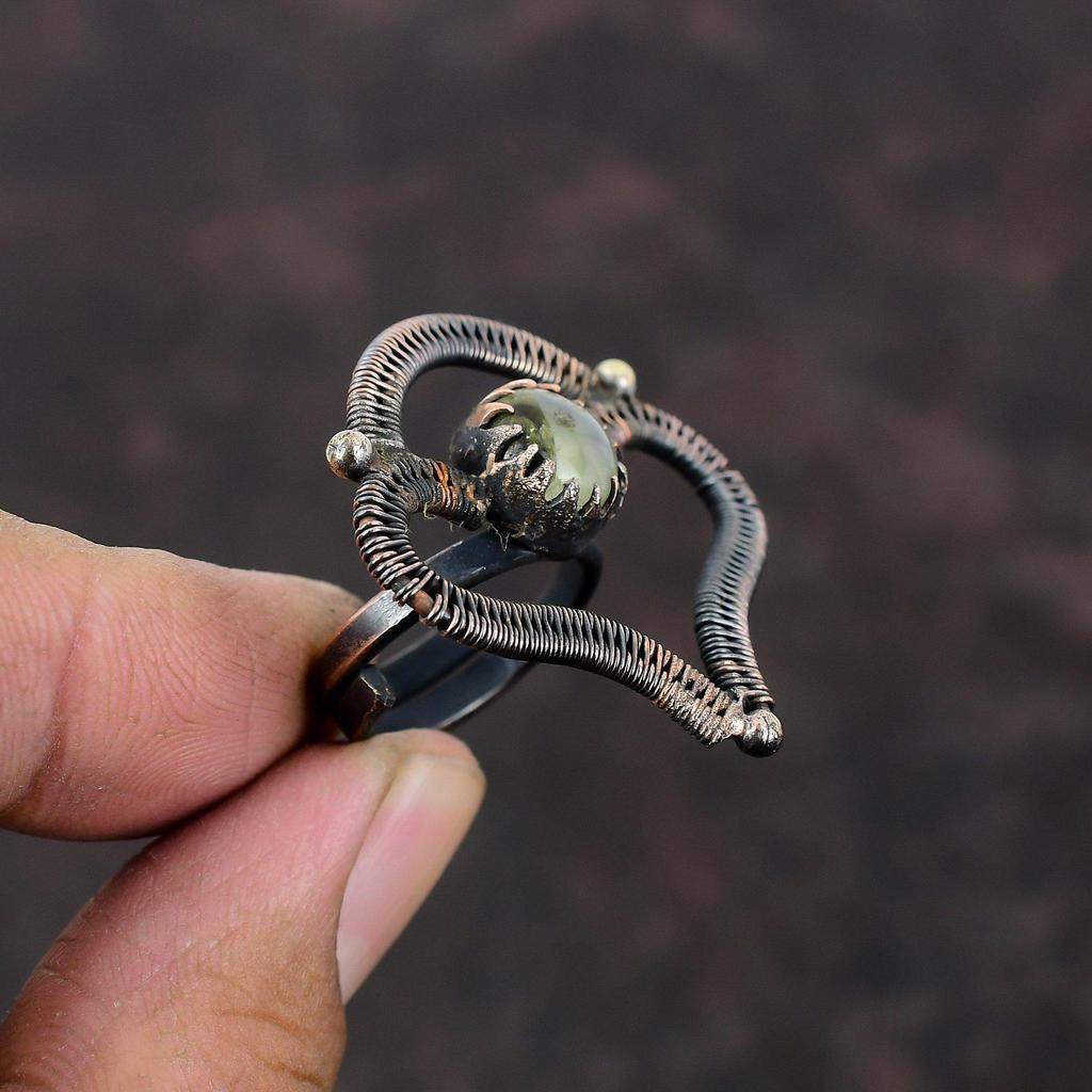 Prehnite Ring Copper Wire Wrapped Gemstone Ring Adjustable Ring Copper Jewelry Handmade Rings Latest Design Ring Ethnic Jewelry Gift For Him
