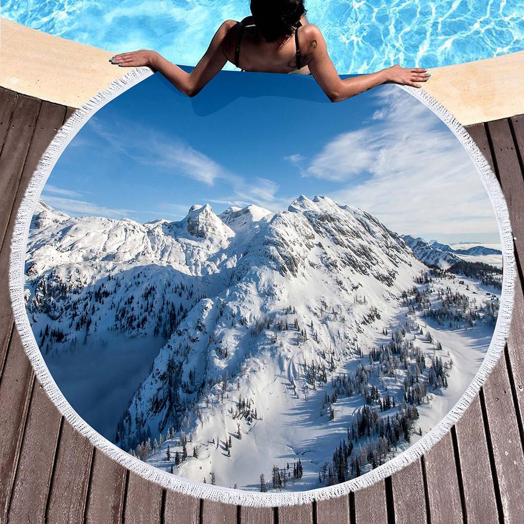 Snow Mountain Round Beach Towel Microfiber Nature Scenery Beach Blanket Absorbent Quick Dry Sand Free Bath Towel Picnic Yoga Mat