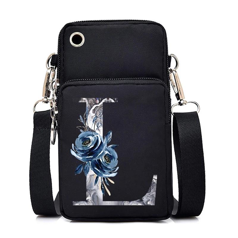 Blue Roses Alphabet Print Small Shoulder Bag 26 Letters Mini Crossbody Phone Bag for Women