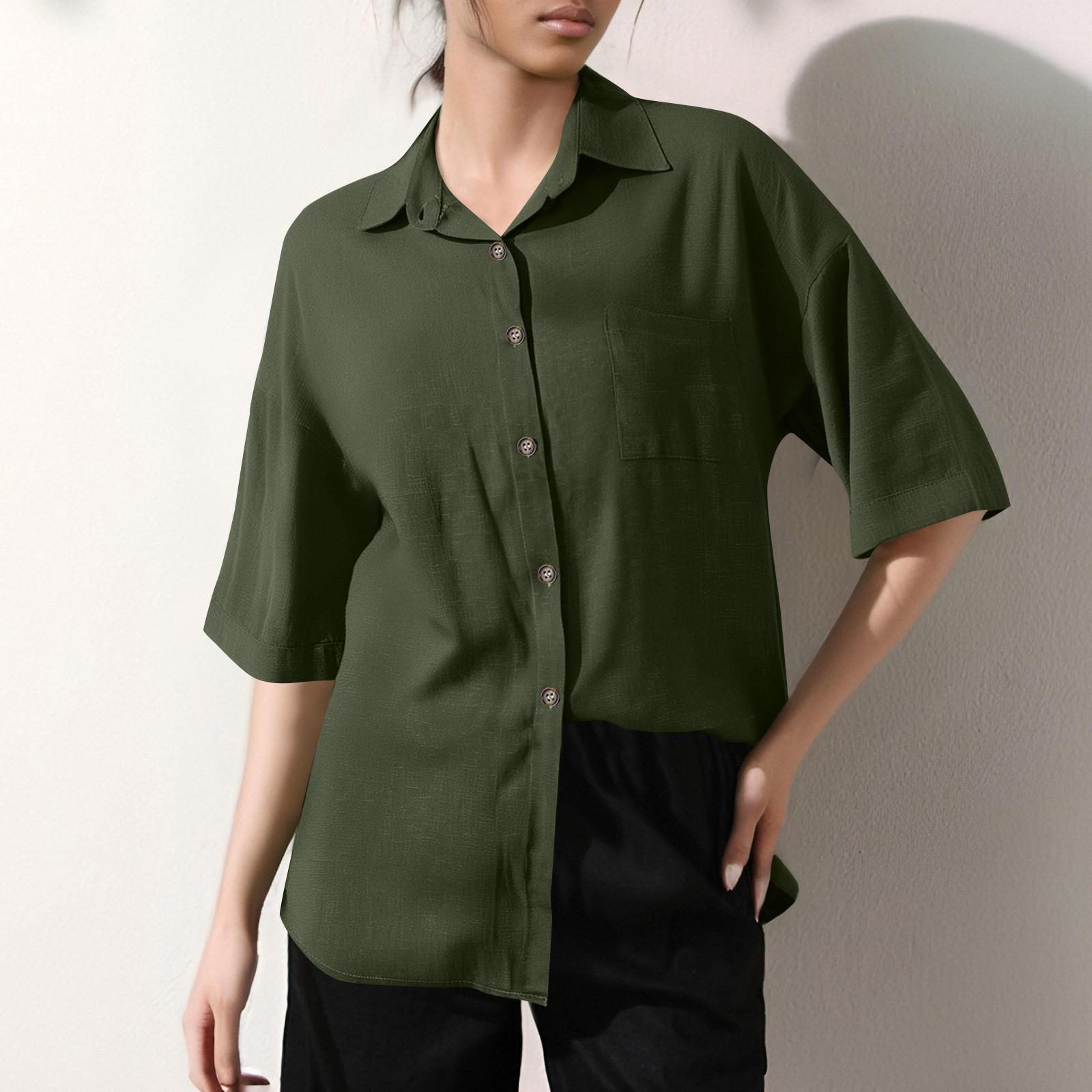 

Женская однотонная рубашка свободного покроя из хлопка и льна с коротким рукавом и застежкой на пуговицы, с карманом L армия зеленый