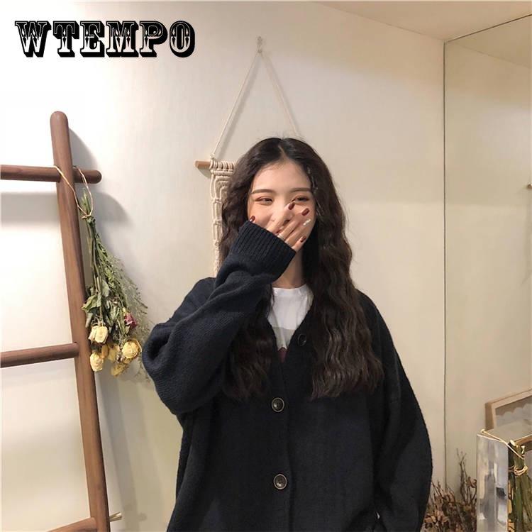 

Свободный свитер Женский Осень и Зима V-образный вырез Толстый сплошной цвет Трикотаж Кардиган Куртка