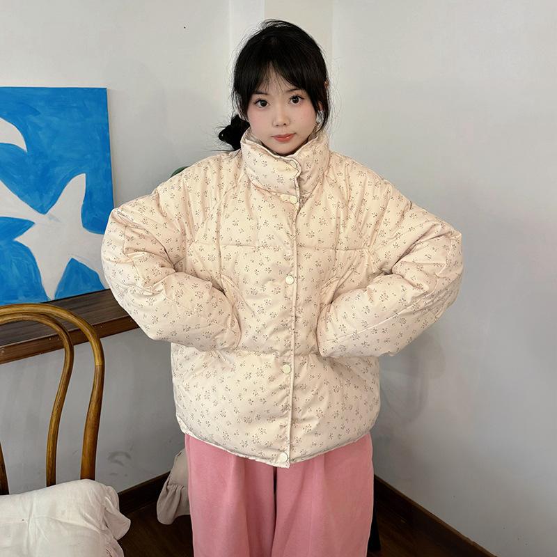 2025 new floral short down cotton clothes, winter new small fresh and sweet stand-up collar thickened bread clothes jacket