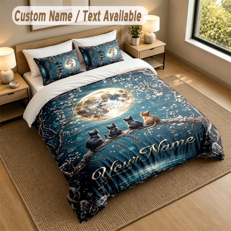 Cat Theme Personalized 3Pcs Bedding Set Custom Text & Name 1 Sheet 2 Pillowcases Household Bedding 1pc