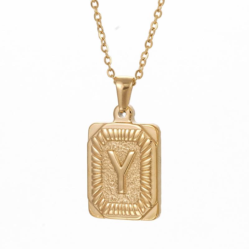 Men's 18K Gold Stainless Steel Square Pendant Necklace with Titanium Steel Uppercase English Letters