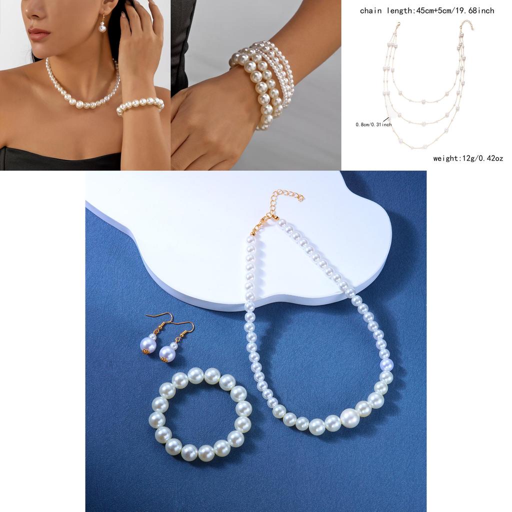Retro Inspired Pearl Accessories Set With Handcrafted Multilayer Necklace And Ear Jewelry