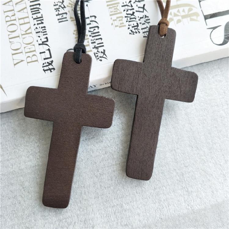 Vintage Wooden for Cross Pendant Brown/Black Rope Necklace Adjustable for Men Wo