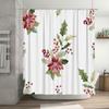 Christmas-themed shower curtain featuring red flowers with green leaves pattern in a white bathroom setting waterproof fabric de