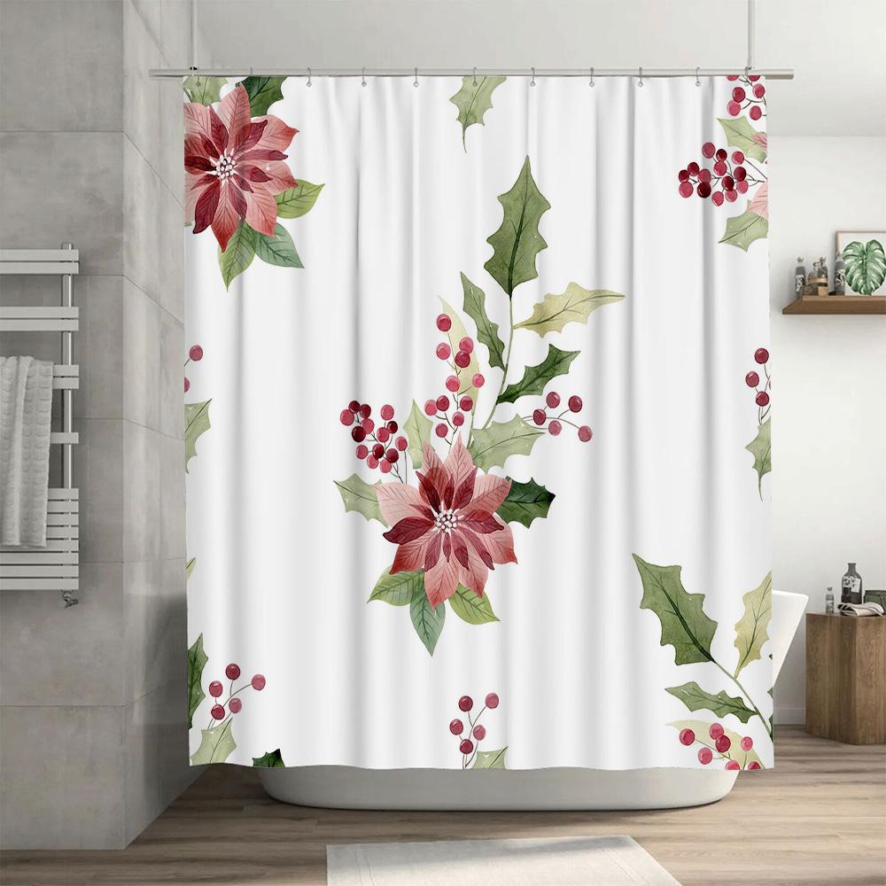 Christmas-themed shower curtain featuring red flowers with green leaves pattern in a white bathroom setting waterproof fabric de