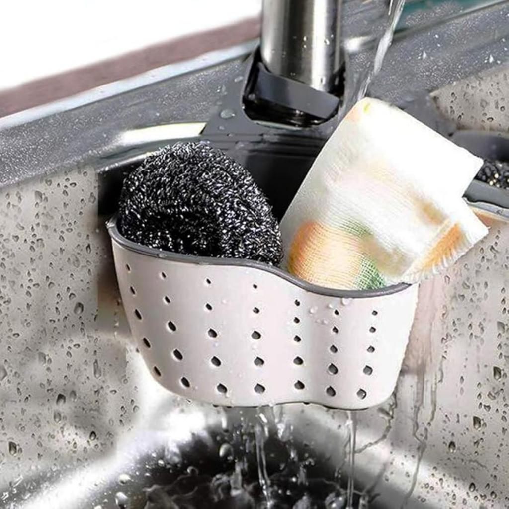 Küchenspüle Caddy Schwammhalter Silikon-Kunststoff Seifenhalter Hängender verstellbarer Riemen Wasserhahn Caddy mit Abflusslöchern zum Trocknen