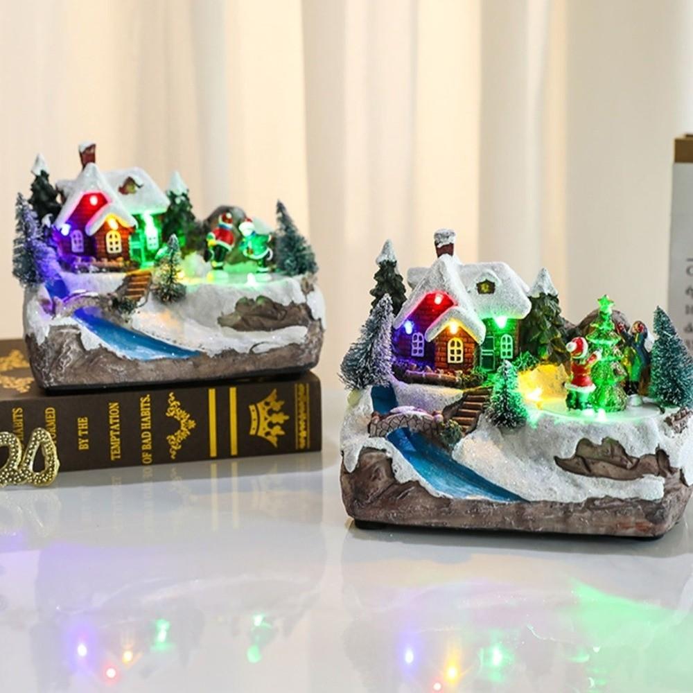 Funny Resin Christmas Village Houses Santa Claus Snow View Xmas Ornament LED Light Craft New Year Micro Landscape Desktop Decor