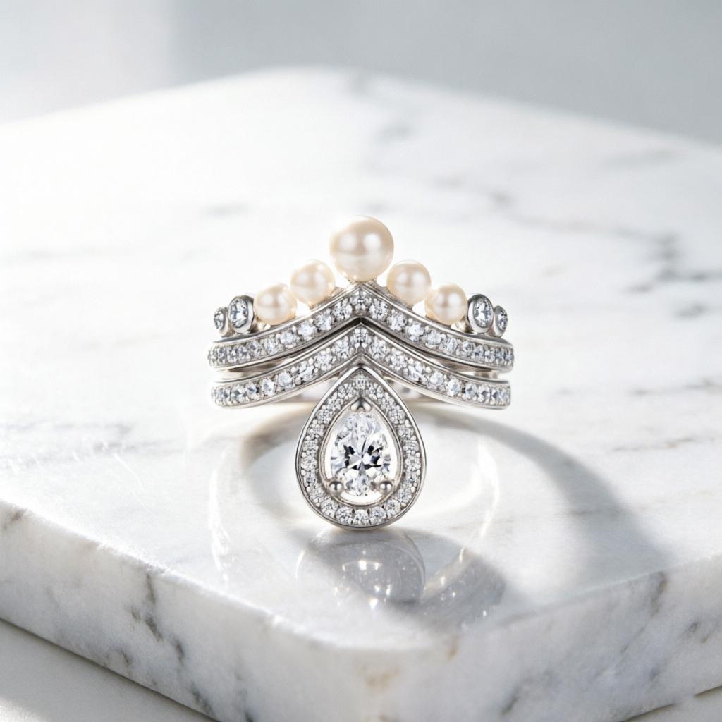 S925 Silver Ring Women's Pearl Fashion Elegant Set Ring Water Drop Shape Multi-Wear Diamond Ring