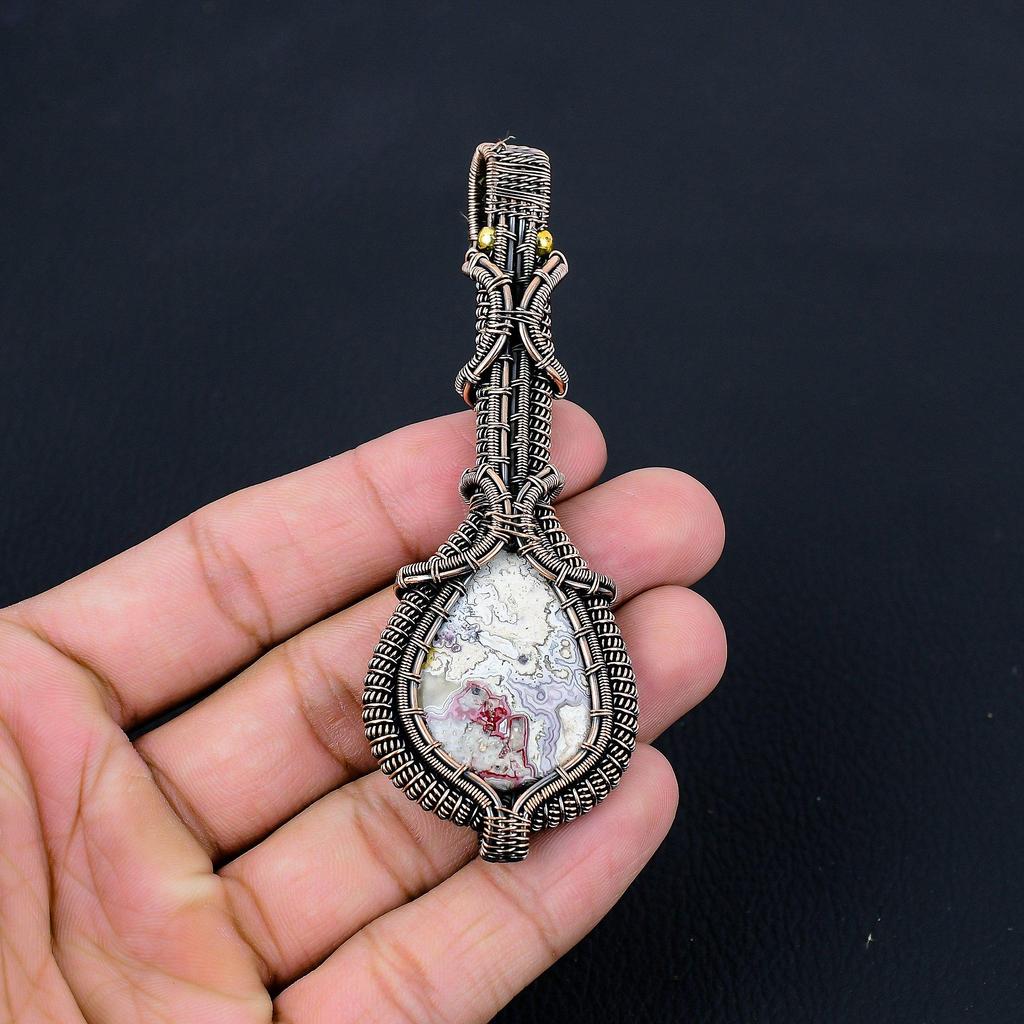 Crazy Lace Agate Gemstone Pure Copper Wire Wrapped Handmade Pendant Jewelry
