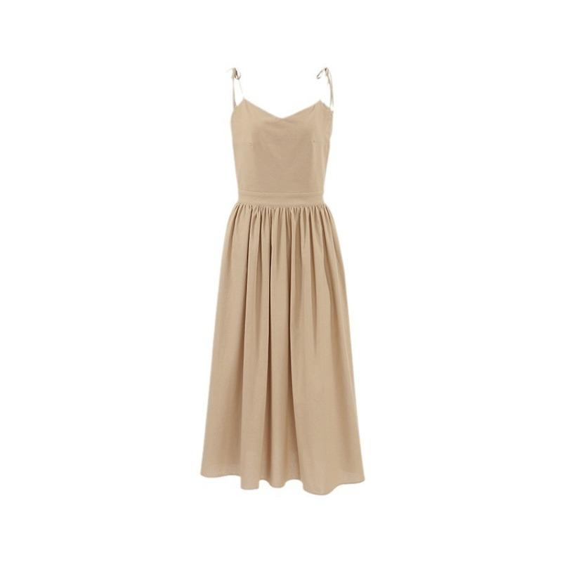 French Khaki Cotton Linen Breathable Halter High Waisted Dress Holiday Style Long Skirt Woman