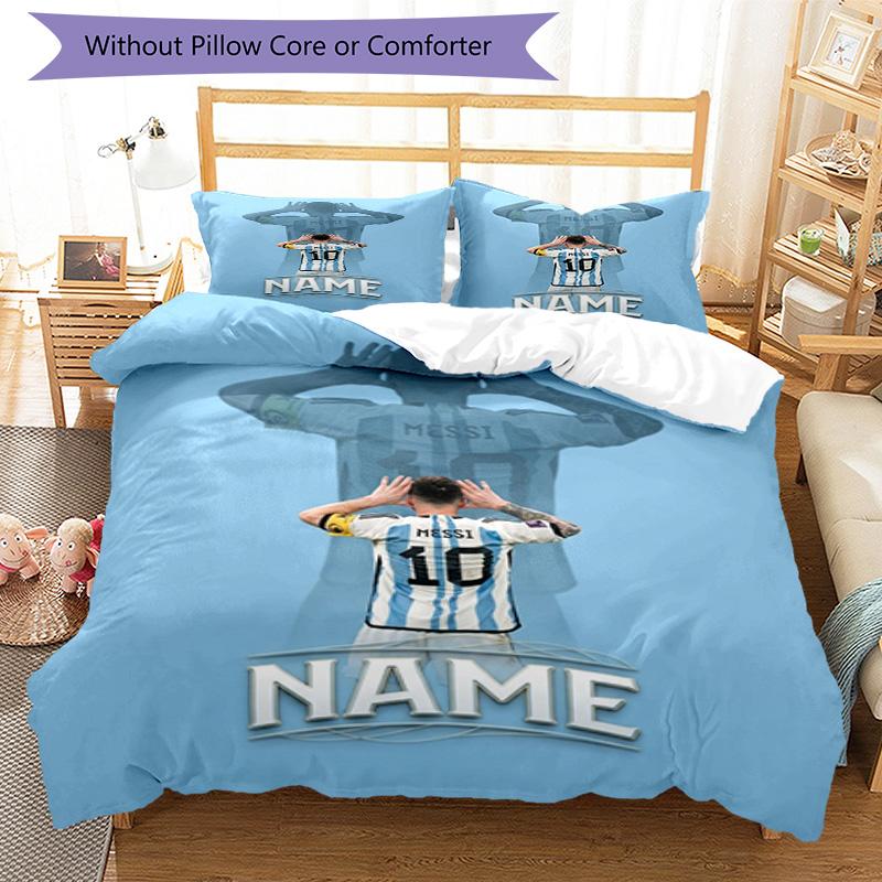 Messi Soccer Jersey Name Personalized Name Bedding Set,Airy Bed Linen for Sports Room Decor,Perfect Teenager Gift,Double Sided Duvet Cover with Pillow