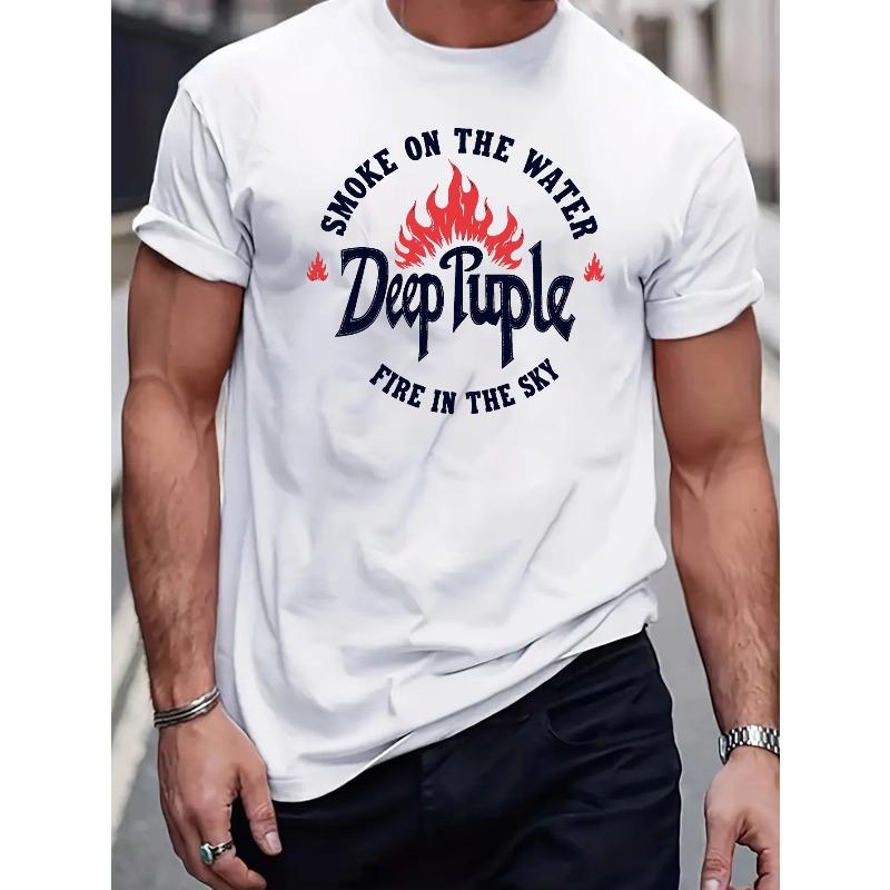 Men's Cotton Blend Graphic T-Shirt - Bold "Smoke on the Water" Flame Print, Regular Fit Casual Summer Tee for Sports & Casual Attire