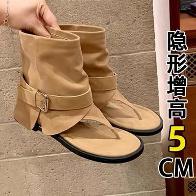 Versión de piel de vaca~ aumento de altura interior hebilla de espiga retro botas geniales pantalones cortos de verano de moda tubo corto sandalias romanas