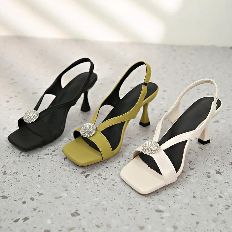 Women's High Heel Sandals Summer New Fashion Fairy Outwear Thin Heel Open Toe Rubber Bottom Square Head PU Leather