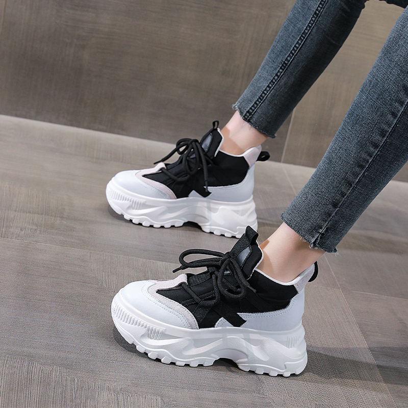 Women's Thick-Soled High-Top Dad Shoes: New 2022 Autumn/Winter White Platform Cowhide Korean-Style Casual Sneakers