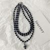 Tooxika Triple Black Crystal Three-dimensional Saturn Water Drop Pendant Necklace Punk Dark Style Collarbone Chain