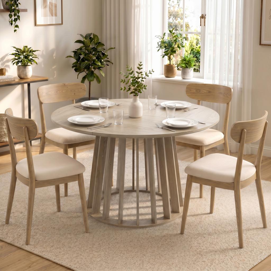 Dining Table, Round, 4-6 People, 120 x 75 cm, Slatted Base, Natural Wood