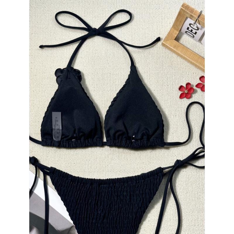 2 Piece Women 3D Rose Flower Bikini Set Smocked Textured Triangle Halter Tie Side Solid Color Sexy Push Up Beach Vacation Bathing Suit