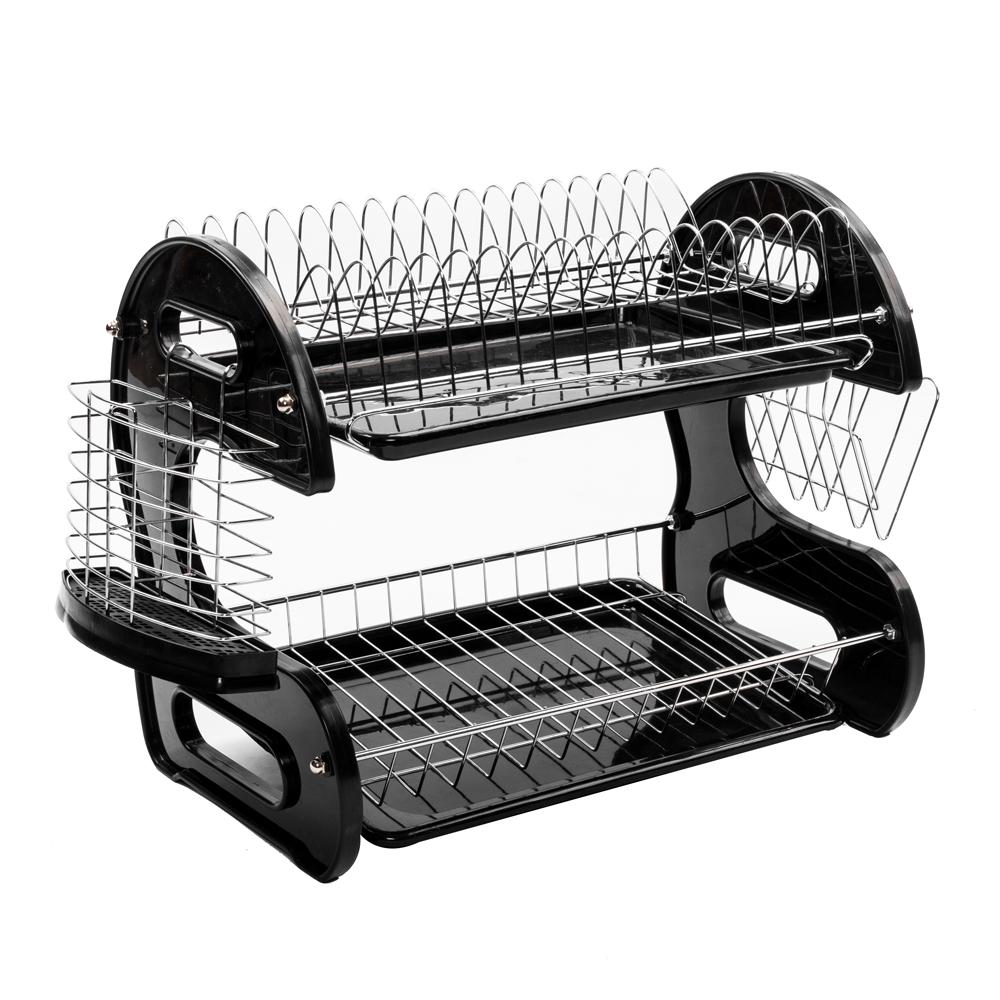 Multifunctional Dual Layers Bowls & Dishes & Chopsticks & Spoons Collection Shelf Dish Drainer Black Kitchen Furniture