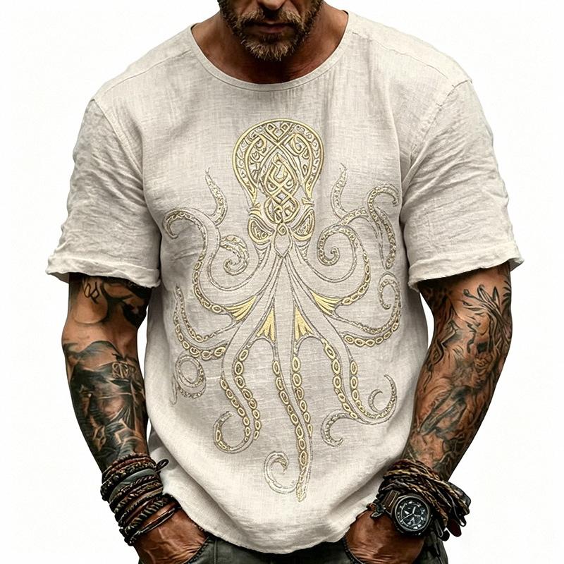 Camiseta de Manga Corta para Hombre de Mezcla de Lino Color Beige con Estampado de Pulpo