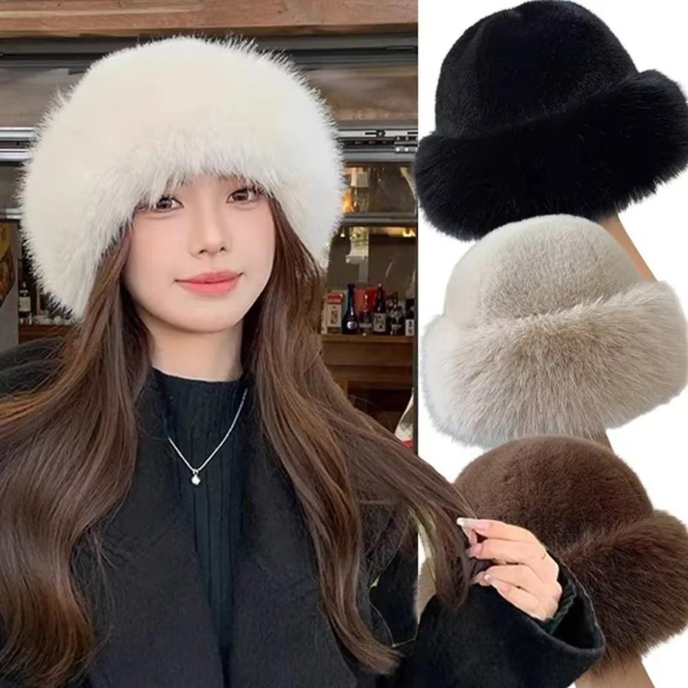 New Fluffy Fur Winter Hat Solid Color Thicken Fisherman Hat Cold Windproof Plush Berets for Women Girls
