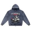 DTG print Knitted Denim Zip-Up Hoodie Angel Brother Print Zipper Hoodies  