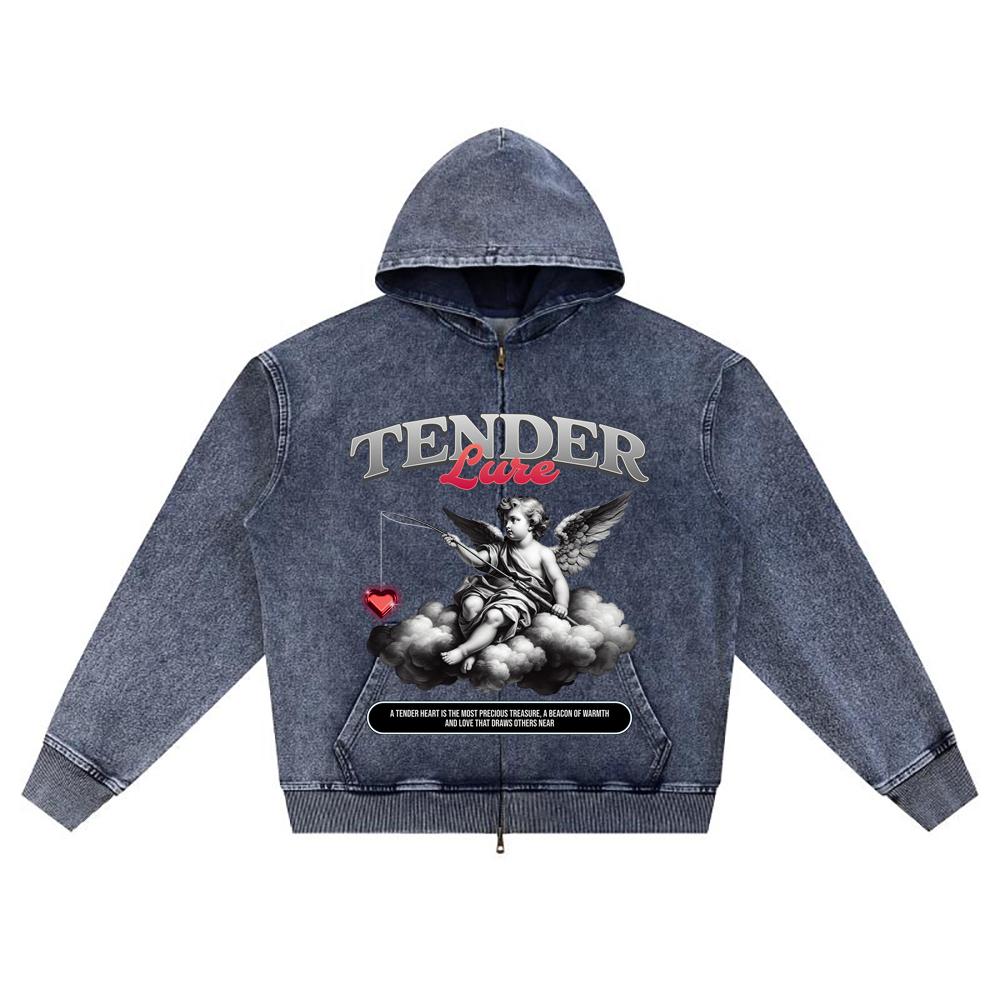 DTG print Knitted Denim Zip-Up Hoodie Angel Brother Print Zipper Hoodies