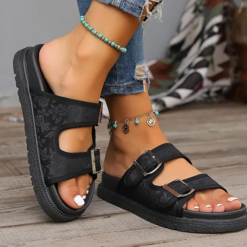 Fashion Summer Fashion Women's Shoes 2024 High Quality Women's Slippers Open Toe Mid Heel Buckle Color Block Pattern Women's Slippers