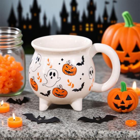 Ceramic Cauldron Coffee Mug with Ghosts Pumpkins Bats Halloween Tea Cups Personalized Witchy Gifts for Sisters Family