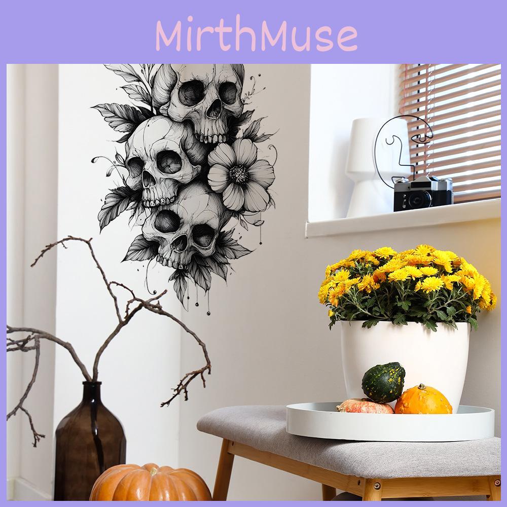 Moderner Minimalistischer PVC Schwarz-Weiß Totenkopf Blume Wandaufkleber für Halloween Wohnzimmer und Schlafzimmer Dekoration