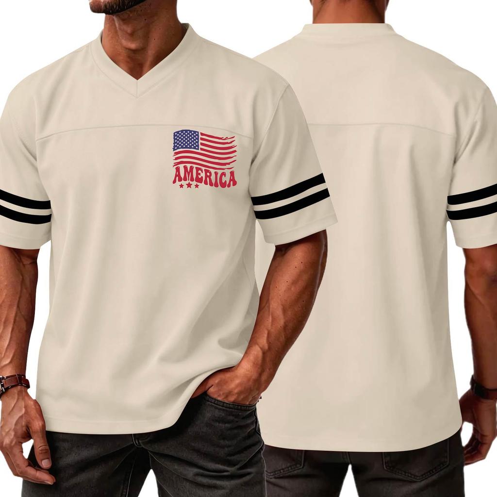 Men V Neck Short Sleeve Casual Sports T Shirt with Independence Day Print and Striped Sleeves for Everyday Wear