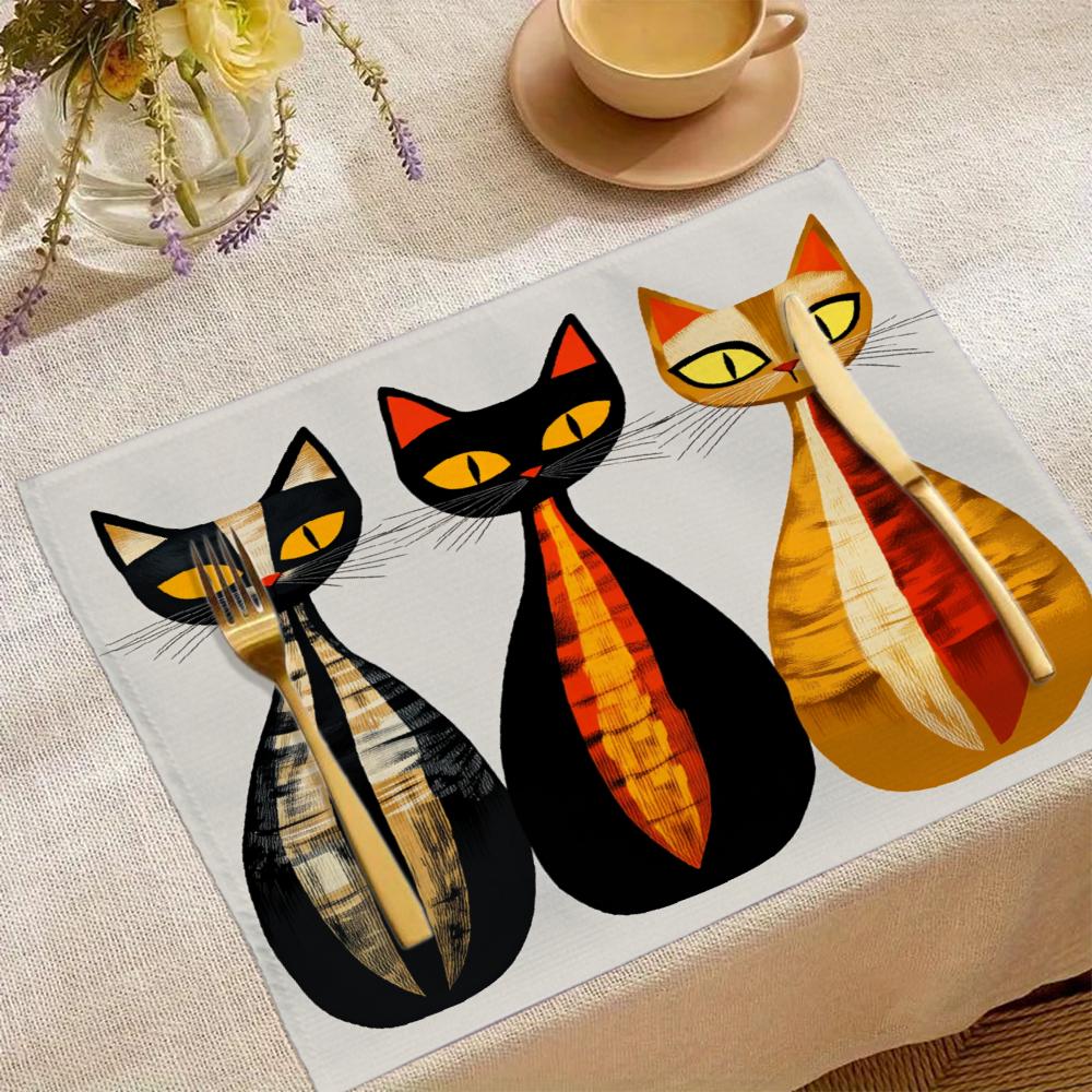 

Cat Pattern Placemat With Colorful Feline Design Featuring Black And Orange Cats With Wooden Utensils On A White Background 30x45cm-4Pcs