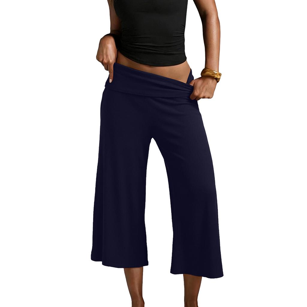 Pantaloni da Yoga da Donna a Gamba Larga Corti con Vita Pieghevole Vestibilità Rilassata Tessuto Morbido ed Elastico per il Comfort