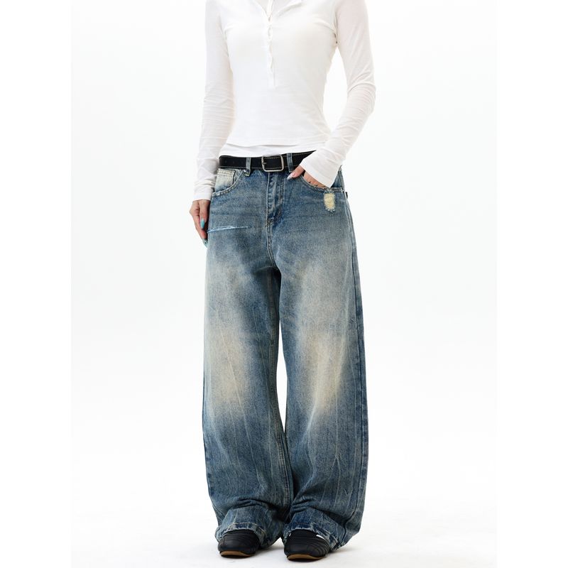 Kisko American-Style Washed Cracked Straight-Leg Drapey Jeans for Men and Women, Cool and Clean Fit, Slimming Pants, Trendy