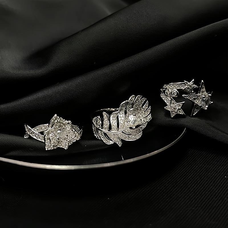 Light Luxury, High-End Feeling, Full Of Diamonds, Zircon Feathers, Camellia, Star Light Opening Ring, Niche Design, Stacked Personalized Ring