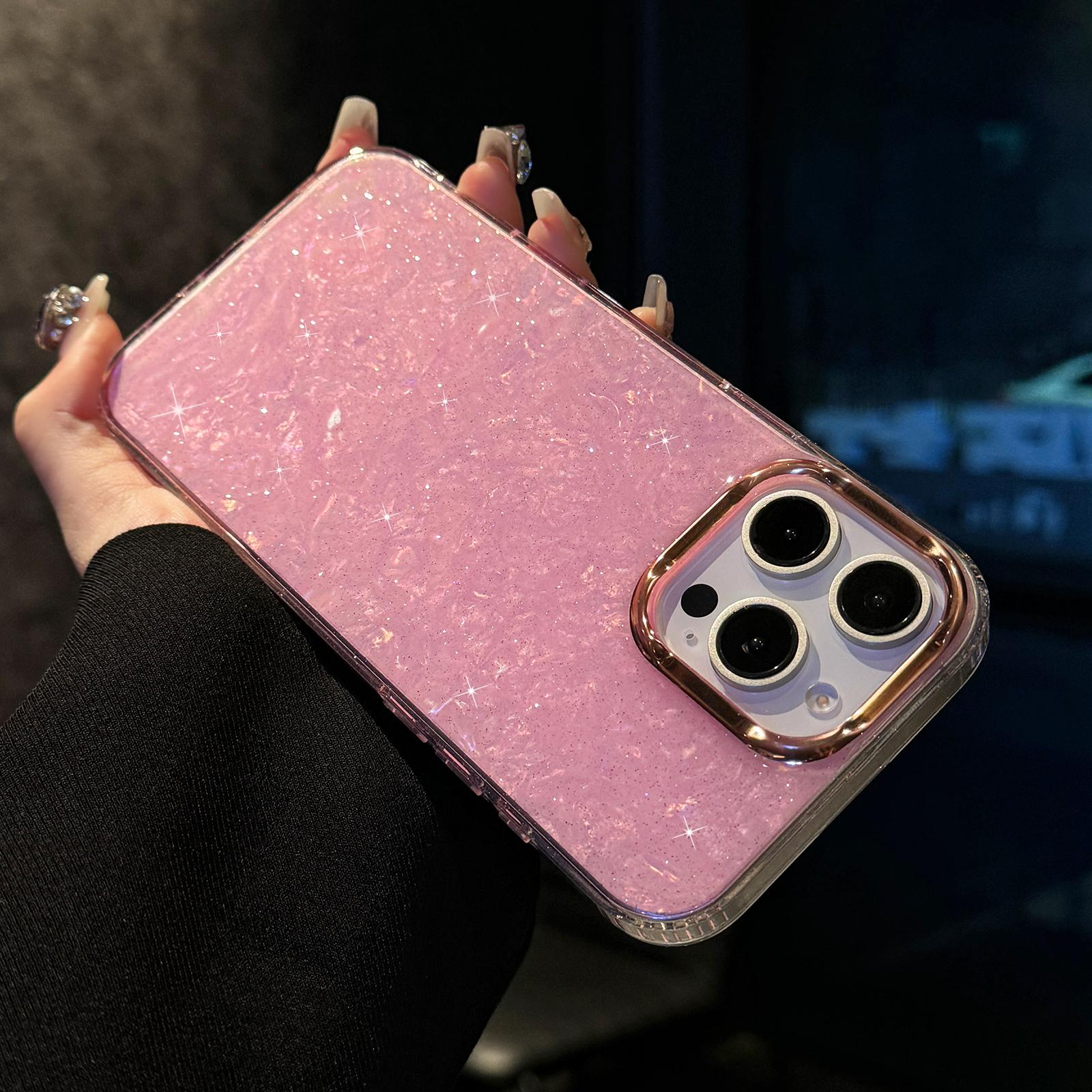 

For iPhone 16 Pro Case IMD Shell Pattern PC+TPU Phone Cover Transparent Pink