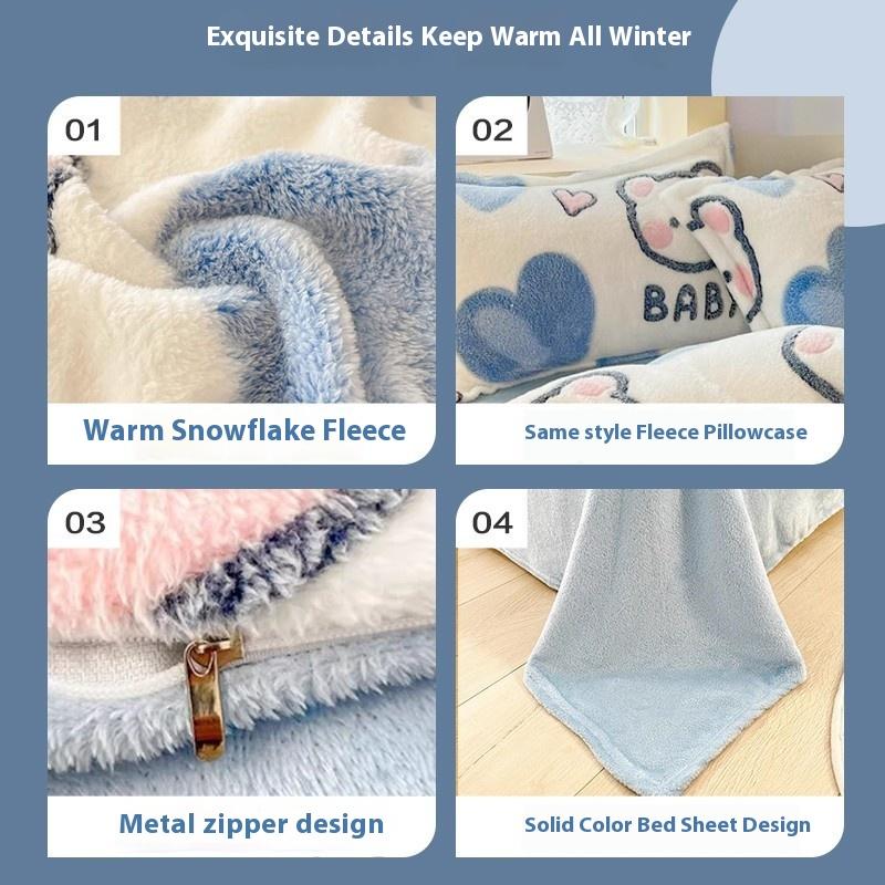 Zimní Mléčný Korálový Fleecový Postelový Čtyřdílný Set Plyšový Povlak na Přikrývku Prostěradlo Povlaky na Polštáře Set