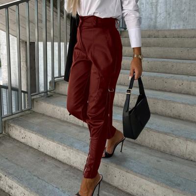 Kadın Pantolon Pürüzsüz Suni Deri Fermuar Dekor Slim Fit Yüksek Bel Fermuar Düğme Kapatma Çok Cepler Düz Renk Kalem Pantolon Uzun Pantolon