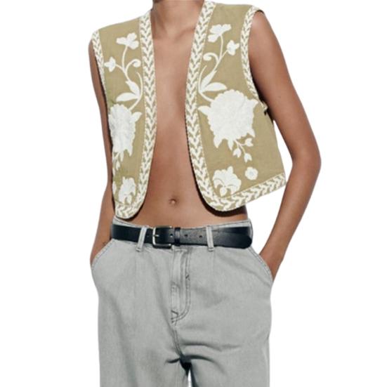 

Жіночий жилет, ретро, ​​квіткова вишивка, відповідний колір без рукавів, відкритий стібок, вільний короткий тип щоденного жилета L жовтий