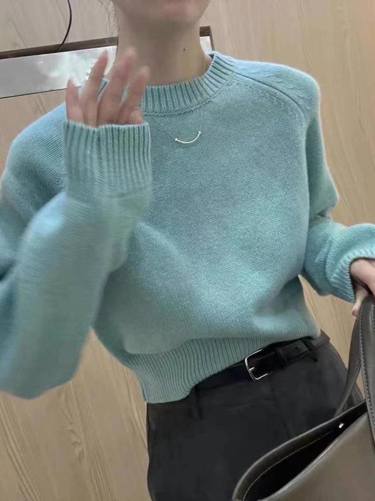 Women's 100% Pure Wool Loose Knit Sweater - New Lazy Style, Thick Round Neck, High Waist, Short Design