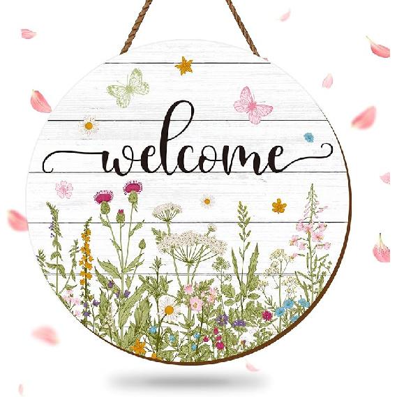 Summer Flower Welcome Door Sign Tulip Wooden Hanging Sign Floral Butterfly Door Hanger Sign for Spring Summer Holiday Indoor Outdoor Farmhouse Home