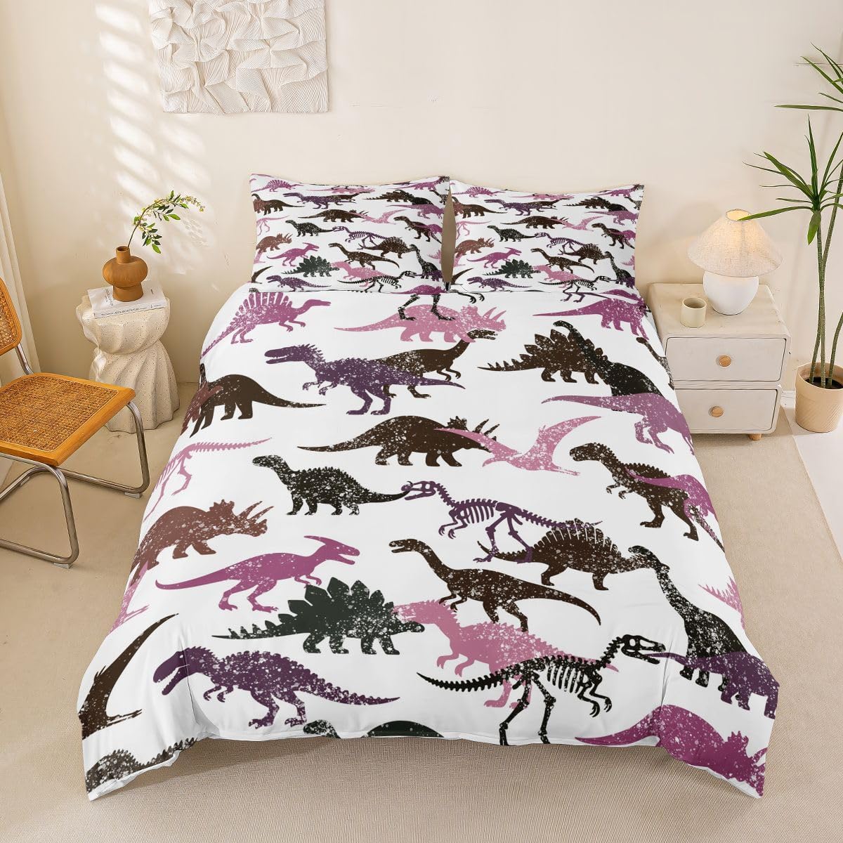 Kinder Bettbezug, Dschungeltiere Botanisch Niedliche Dinosaurier Bettdeckenbezug Mit Kissenbezügen, Bettwäsche Set 2-teilig Für Kinderzimmer Dekoration 100x135cm 2pcs black